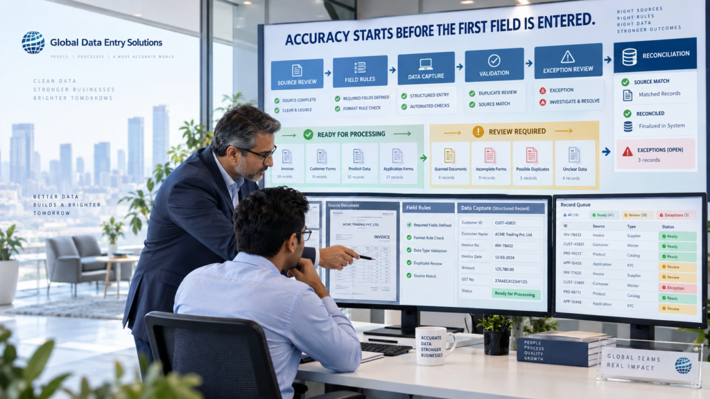 Data Entry Quality Control Workflow - Global Data Entry Solutions Data entry quality control workflow with source review validation exceptions and reconciliation