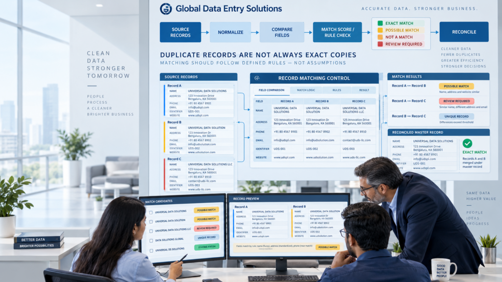 Three professionals in a bright office study a large wall infographic titled 'Global Data Entry Solutions' about data matching and record reconciliation.